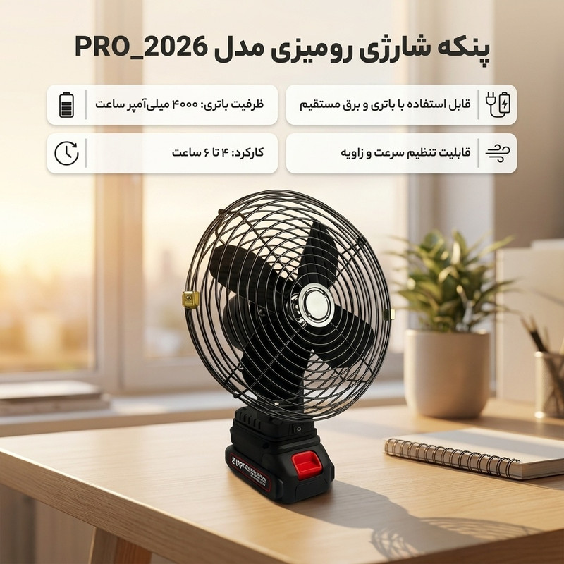 پنکه شارژی رومیزی مدل PRO_2026 ظرفیت 4000 میلی آمپر ساعت