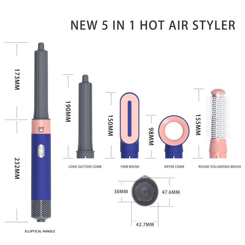 سشوار برسدار حالتدهنده خانگی مدل 5IN1 HOT با توان 600 وات، موتور AC، تنظیم دما در سه حالت، تنظیم سرعت در دو حالت، همراه با 5 سری مختلف برای فرکنندگی، صافکنندگی و حجمدهندگی