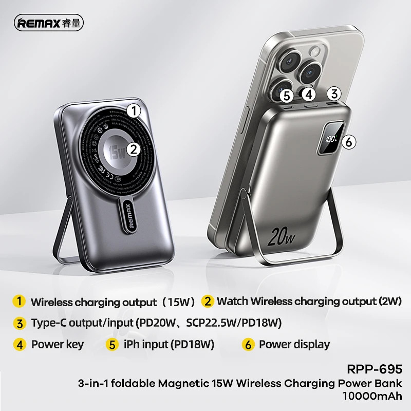 پاور بانک ریمکس مدل مگنتیک وایرلس RPP-695 ظرفیت 10000 میلی آمپر ساعت
