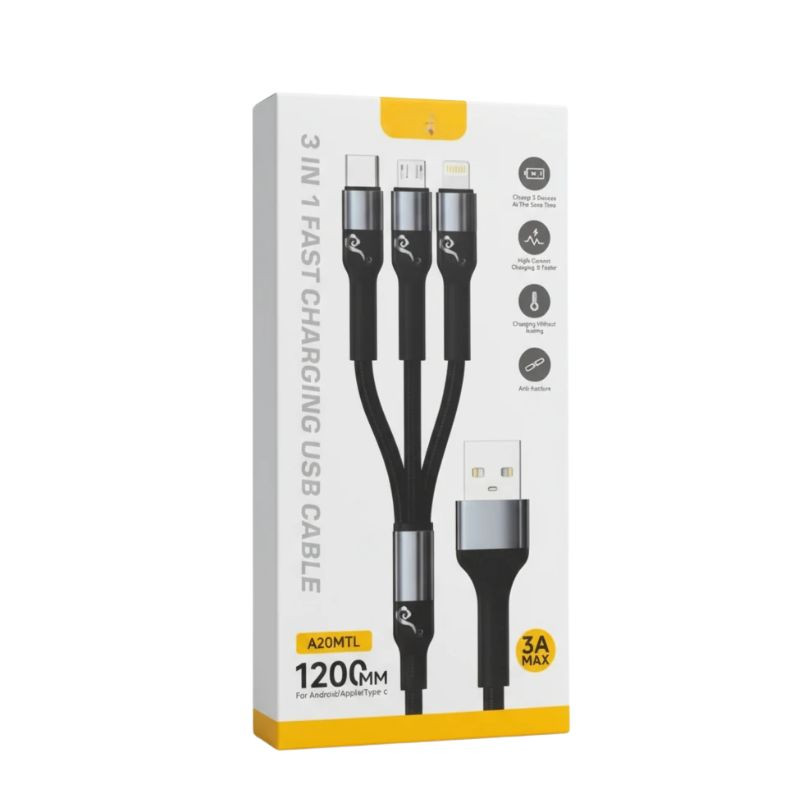 کابل تبدیل USB به MicroUSB / USB-C / لایتنینگ هات ریپل مدل A20MTL طول 1 متر